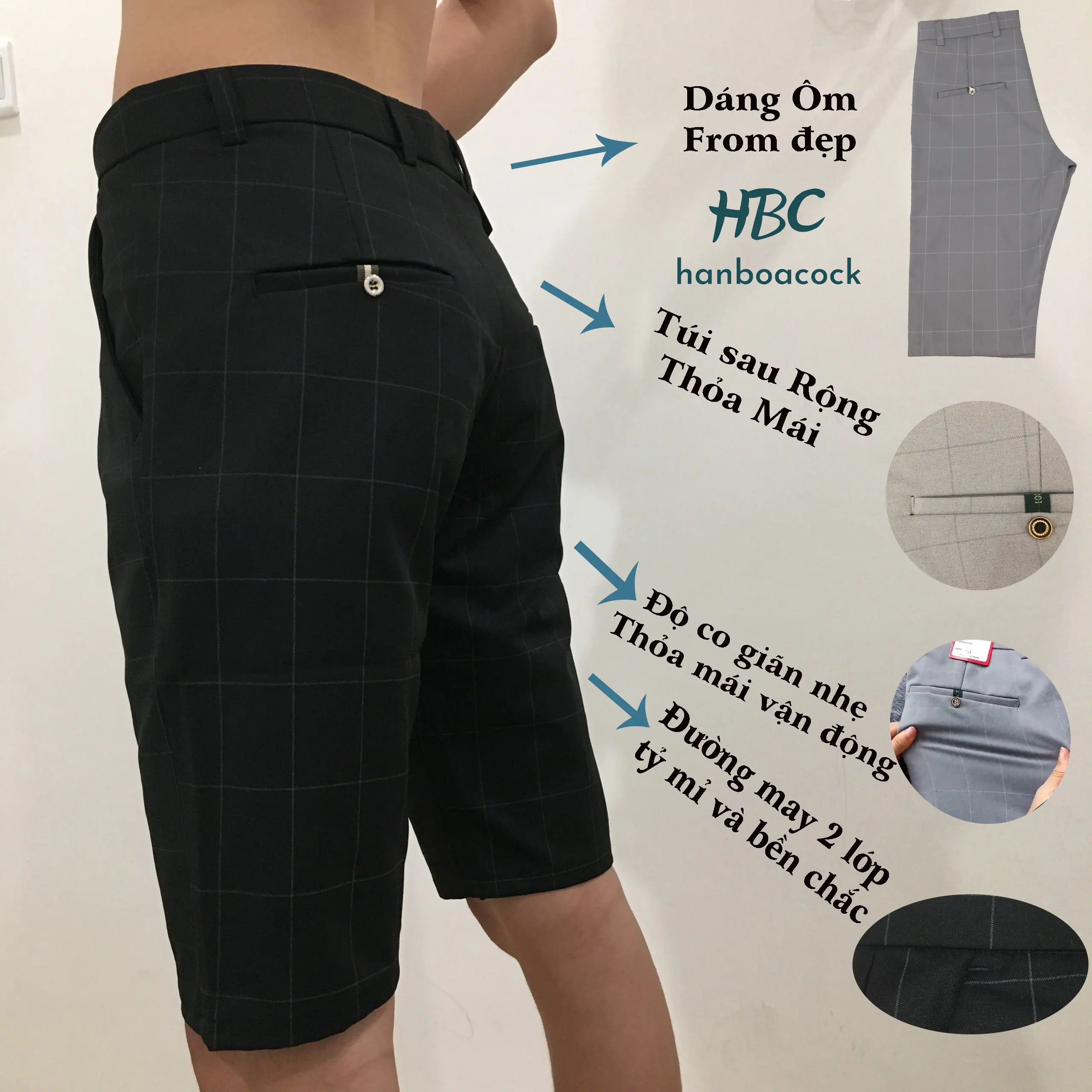 Quần short nam, Quần sọt caro HANBOACOCK Form body co giãn nhẹ Vải Không Nhăn, Xù, Không Phai Màu Menswear Cotton