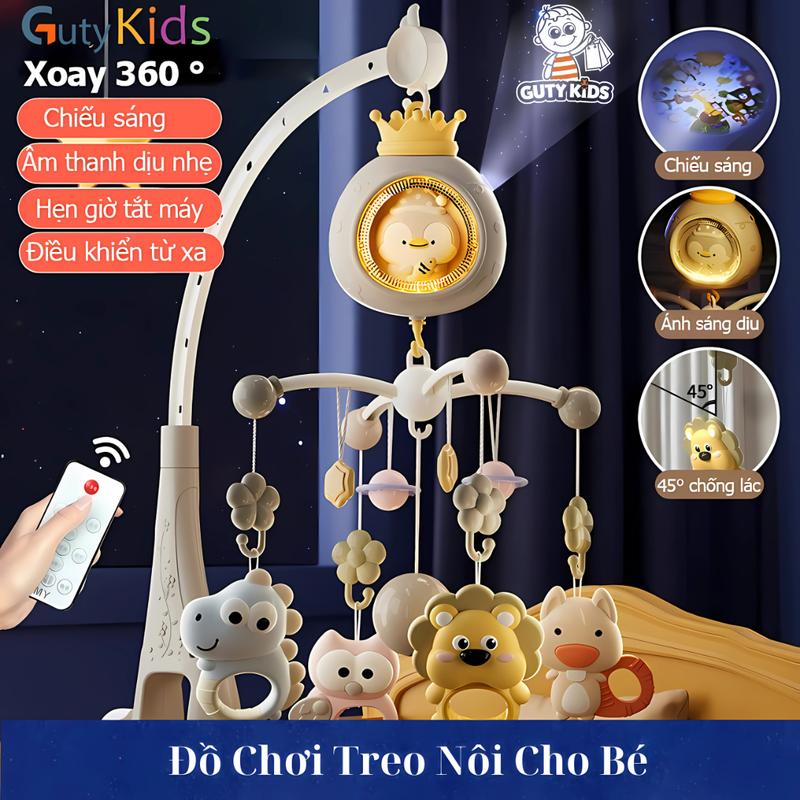 Đồ Chơi Vương Miện Treo Nôi Cũi Cho Bé Sơ Sinh GutyKids Gặm Nướu, Lục Lạc, Xoay 360°, Hộp Nhạc 14.918 Giai Điệu, Có Điều Khiển Từ Xa, Tự Động Tắt!