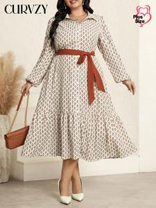 CURVZY Plus Size All Over Print Belted Button Front Dress, Casual Fashion Long Sleeve Dress for Daily Outdoor Wear, Women Plus Clothing for Spring & Fall, Holiday Dresses