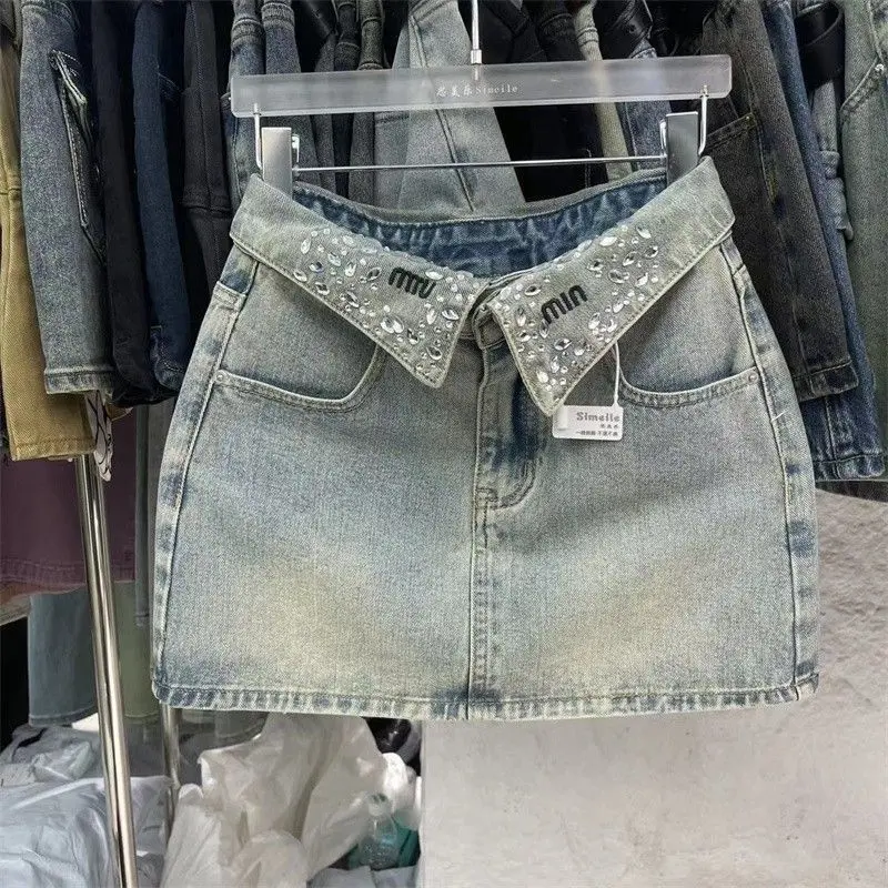 Retro fashion high waist design flip hot rhinestone girl denim skirt slimming versatile A-Line hip skirt Womenswear Bottom Lingerie Lady