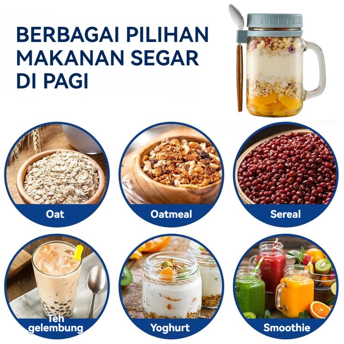 Gelas Oatmeal Kecil dengan Tutup & Sendok - Alat Sarapan Sehat, Wadah Yogurt, Cangkir Kopi, Botol Mason Jar, Tempat Bekal Kreatif untuk Salad, Susu, dan Minuman Secara Ringkas