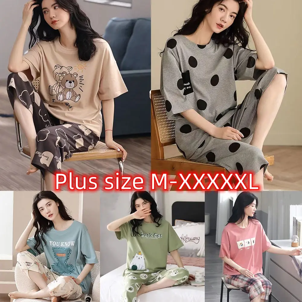 Bộ Đồ Ngủ Nữ, Ngoại Cỡ M-5XL, In Hình Hoạt Hình Nhiều Màu, Cropped Mỏng, 2 Món, Quần Áo Mặc Nhà Mùa Hè, Bộ Đồ Ngủ