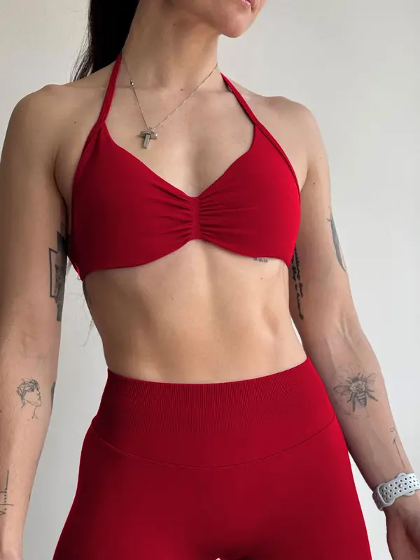 Women's Solid Color Ruched Design Halter Sports Bra, Casual Comfy Breathable Backless Bra for Yoga Gym Workout, Ladies Sportswear for All Seasons, Workout Clothes Women 6