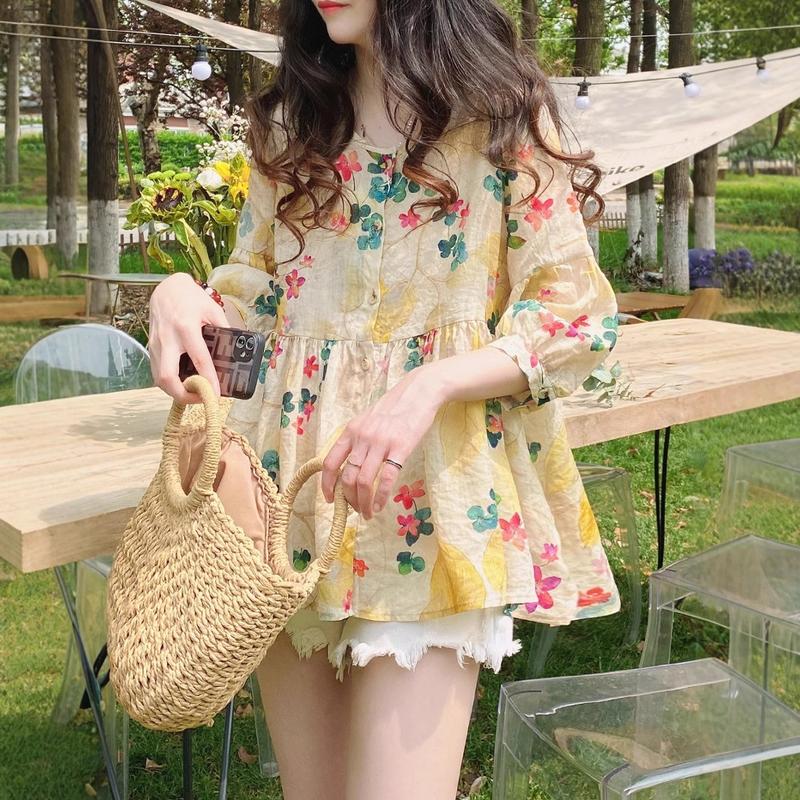 Áo Sơ Mi Babydoll, Phong Cách Hàn Quốc, Dáng Rộng Vừa Vặn, Thích Hợp Đi Đi Lại, Thiết Kế Hoa Sang Trọng Chất Liệu Ramie Cao Cấp, Áo Cánh Phồng Thoải Mái, Áo Sơ Mi Tay Lửng Có Sẵn Vận Chuyển 24 giờ 1