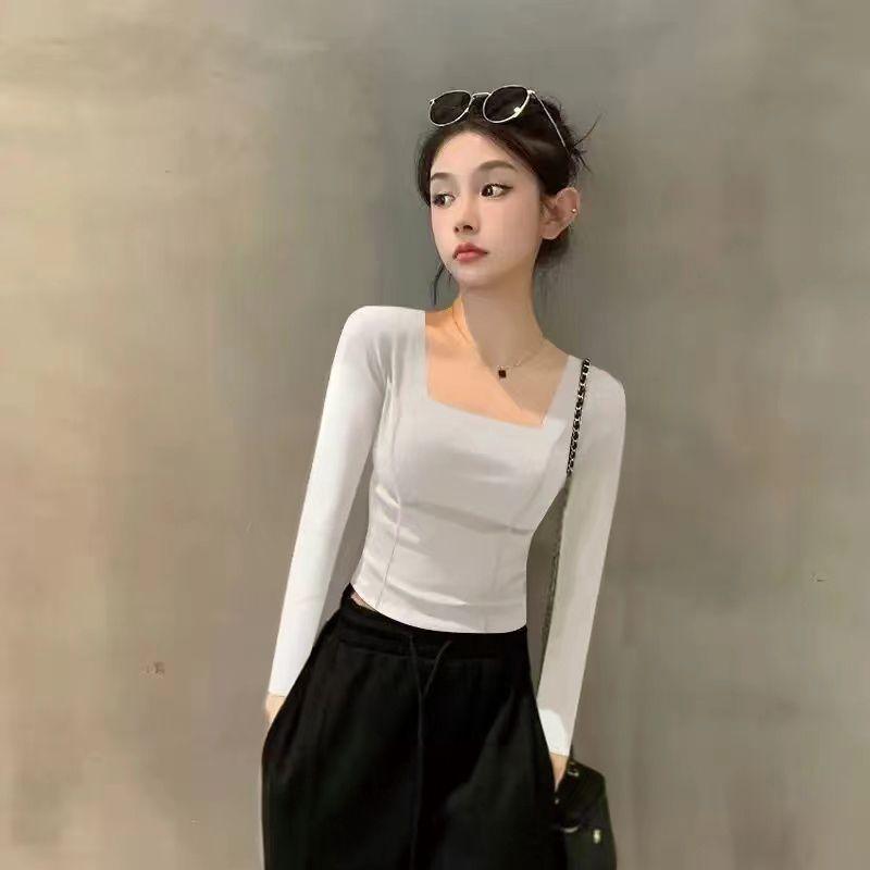 Áo Thun Dài Tay, Hàng Mới Về Mùa Thu Và Mùa Đông, Cổ Vuông, Thời Trang, Mỏng Vừa Vặn, Ngắn, Thiết Kế Xương Cá Cá Sợi, Áo Thanh Lịch, Dành Cho Nữ, Thời Trang 3