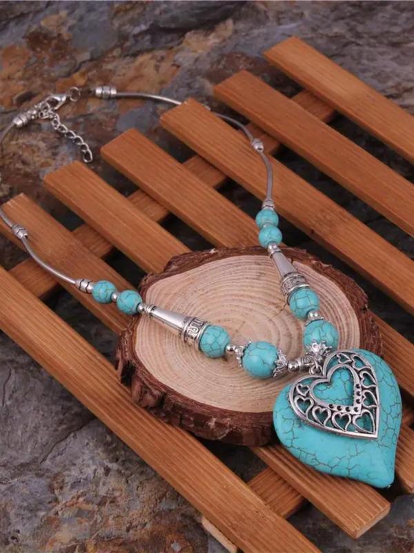 Vintage Boho Style Heart Design Pendant Necklace, Turquoise Texture Decorative Jewelry for Women & Men for Party, Daily Clothing Decor 4