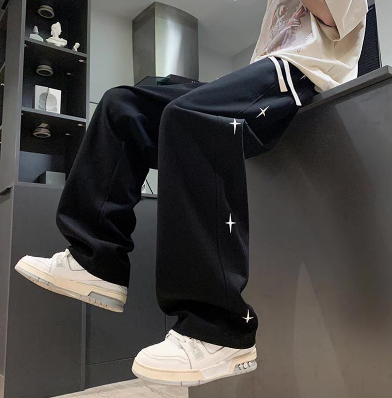 Quần ống rộng dáng suông cao cấp thêu ngôi sao unisex -Quần thể thao nam nữ chất vải nỉ cotton dày dặn Menswear Lưng Cao