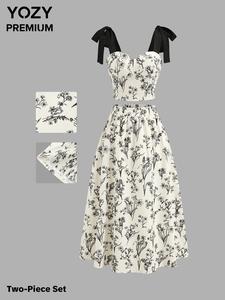 YOZY Women's All Over Floral Print Shirred Top & Skirt Two-piece Set, Boho Sleeveless Knot Shoulder Top & Skirt for Beach Holiday Vacation, Ladies Clothes for All Seasons