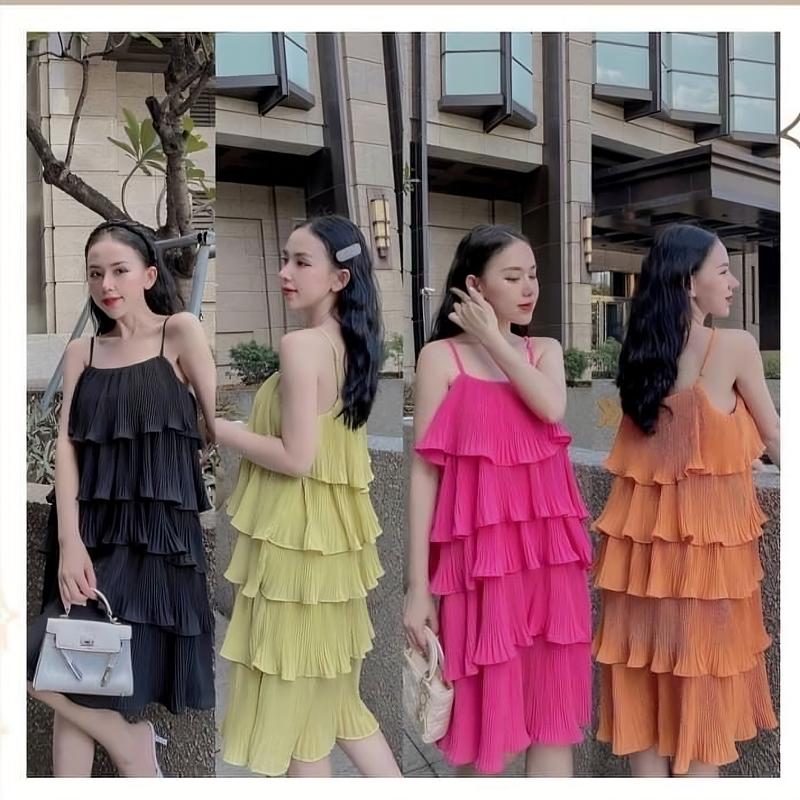  D29 Đầm dáng suông hai dây dập ly phối năm tầng Nữ Dress Women Voi 