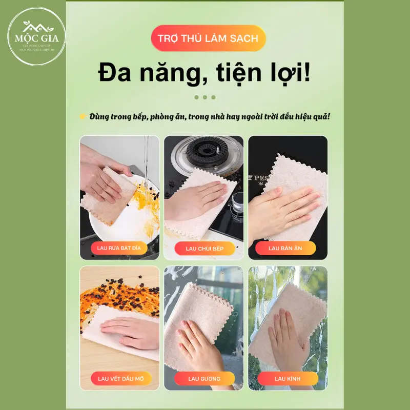 [Hàng Chính Hãng] Khăn Lau Xơ Mướp Cao Cấp Mộc Gia Phiên bản Nâng Cấp Dày 2mm- Khăn Đa Năng, Siêu Thấm Hút, Không Dính Dầu, Giặt sạch dễ dàng - Tái Sử Dụng nhiều lần mướp khan lautachdau 5