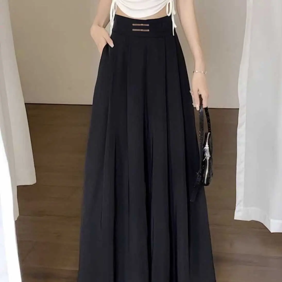   Wanita Skirt Berlipat Pinggang Tinggi, Bahan Sifon Sutera Ais, Rekaan Gesper, Gaya Musim Panas dan Musim Luruh, Kaki Lebar, Pinggang Berlipat, Fesyen, Menyembunyikan Perut, Seluar Skirt Panjang                               