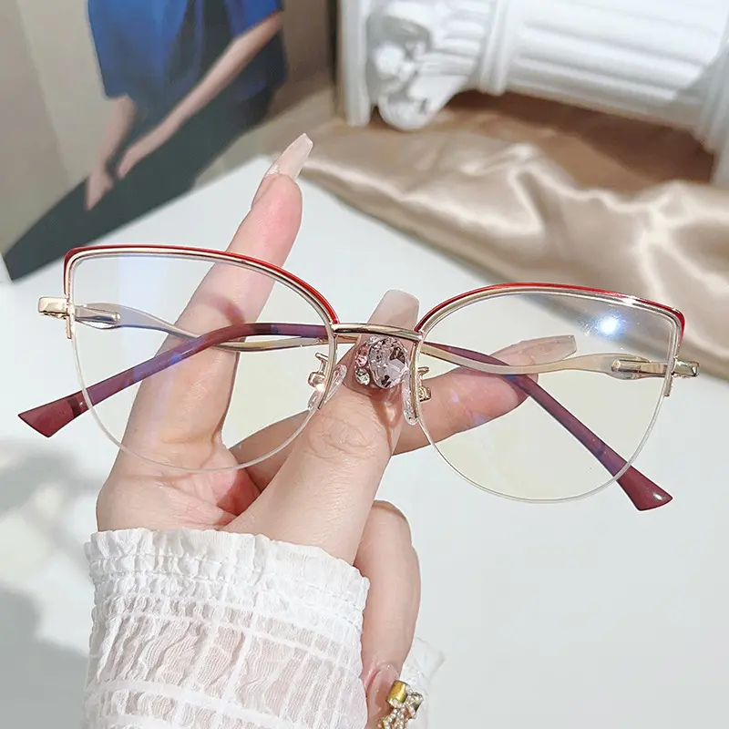 Vintage Metal Round Eyebrow Frame Ultra-light Cat Eye Myopia Glasses Fashionable Internet Celebrity Style Anti-blue Light Half-frame Glasses 2