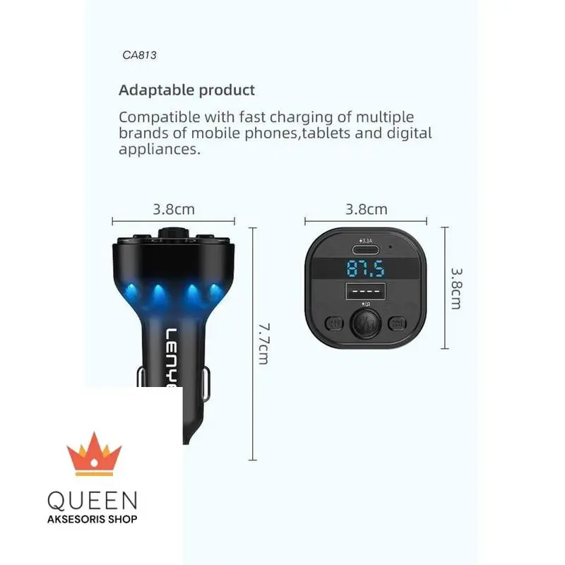 LENYES Bluetooth FM Transmitter 5.3 Car Charger Dual Port with 3IN1 Cable + Microphone CA813 5