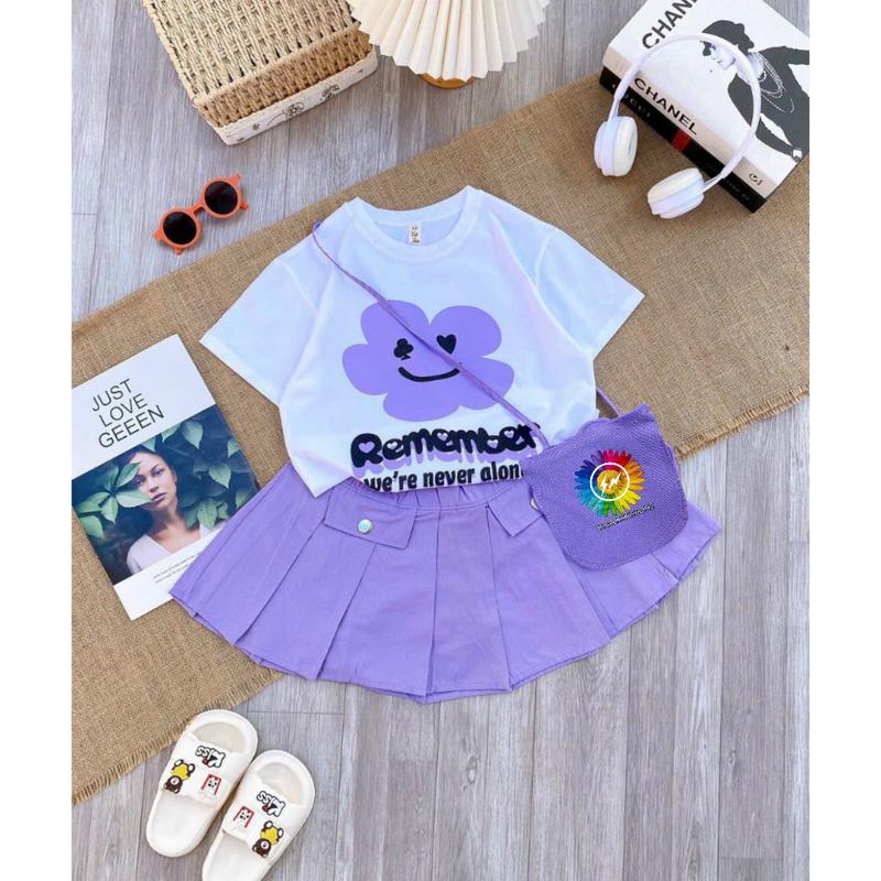 [8-22kg] Set áo vải gân tăm in hình + Váy (có lót) vải Cotton lạnh kèm túi đeo cho bé gái mặc đi học, đi chơi (TT004, TT027, TT140) 7