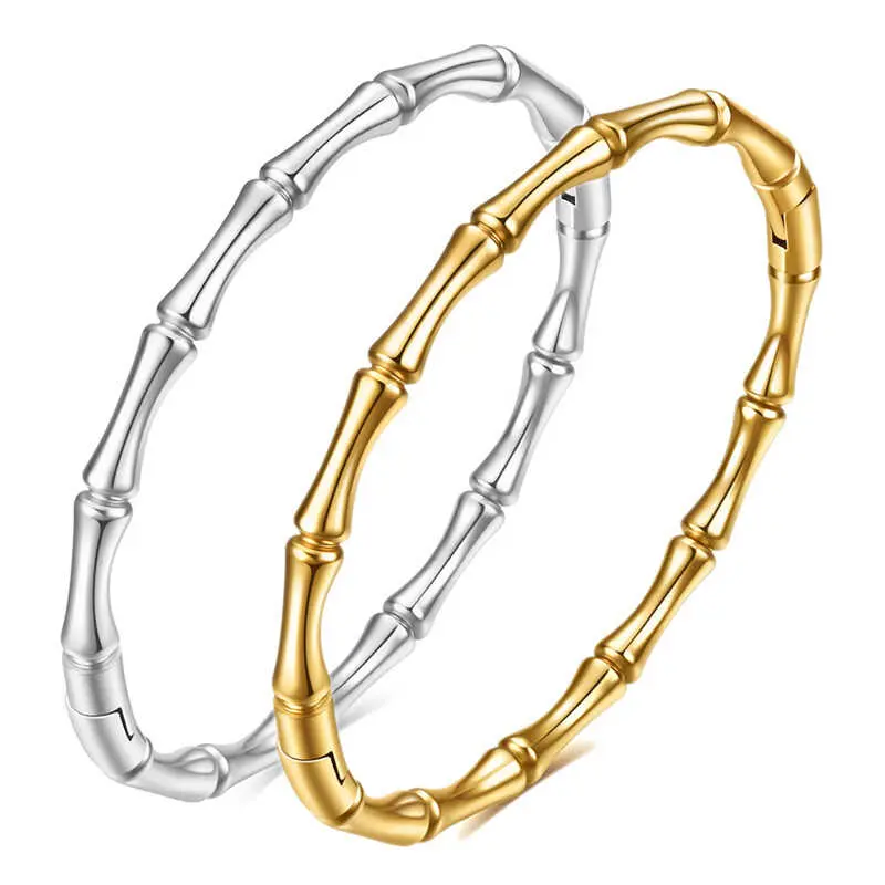 Modyle Stainless Steel Bamboo Cuff Bracelets Bangles for Woman Gold Color Wedding Female Jewelry Gifts