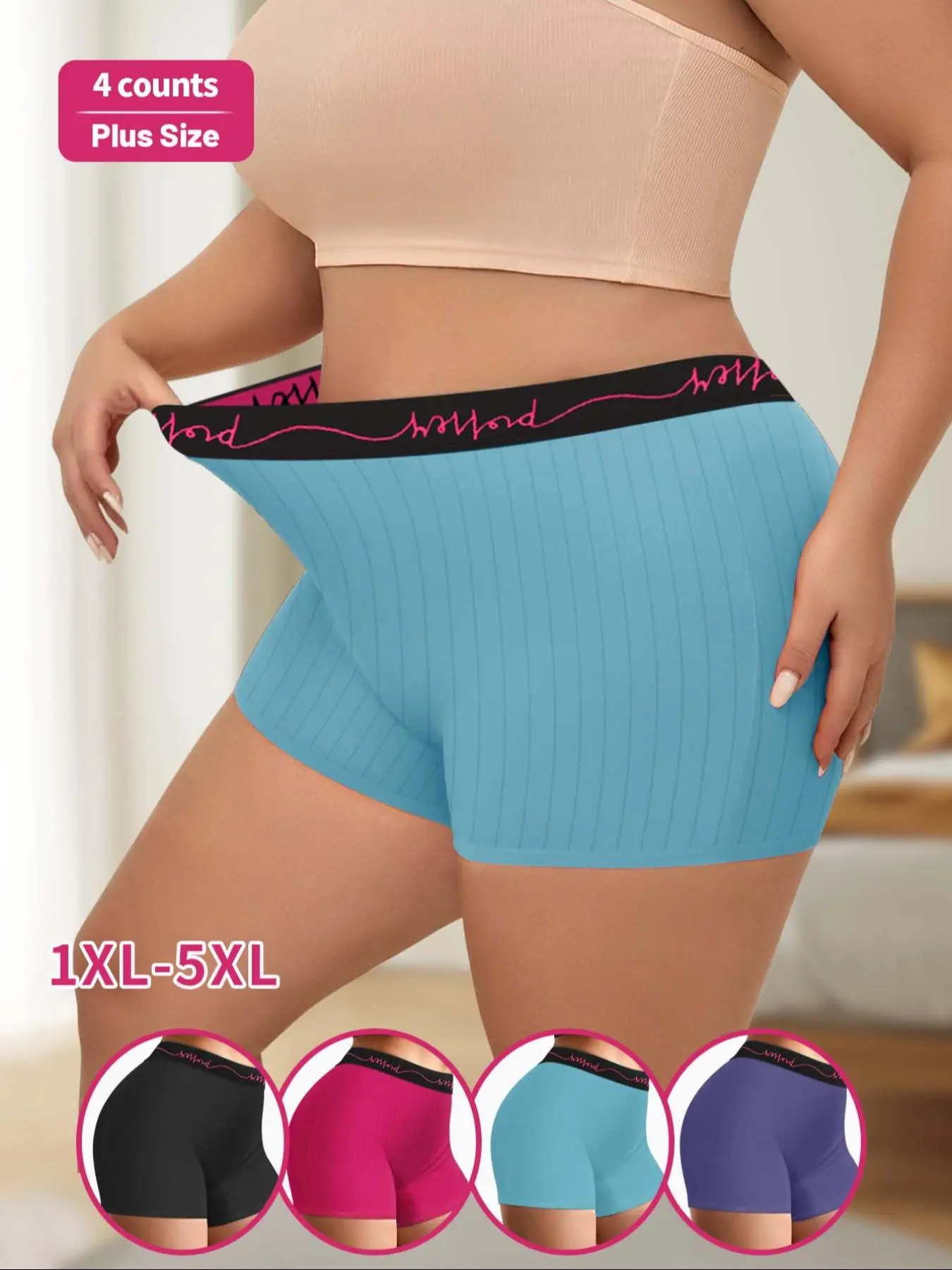 Plus Size Women's Solid Color  Letter Tape Boxer Brief, Soft Comfortable Breathable  Panty for Daily Wear, Women's Underwear for All Seasons