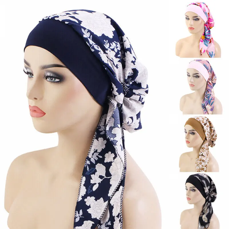 Turban Hat Muslim Women Hair Comfortable Long Tail Head Cap Wrap Beanie Hijab Headscarf