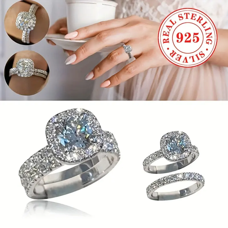 2pcs Women's Ring Set 4.9g S925 Pure Silvery Inlaid Zirconium Ring for Engagement and Wedding Jewelry Accessories 2