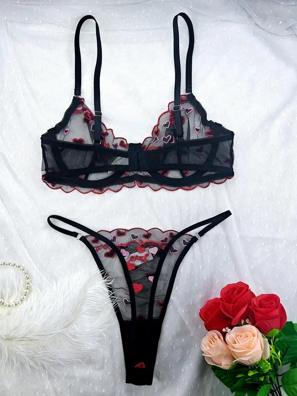 Women's Heart Embroidery Bra & Thong Two-piece Set, Sexy Comfy Breathable Lingerie Set for Daily Wear, Women's Underwear Set for All Seasons 1