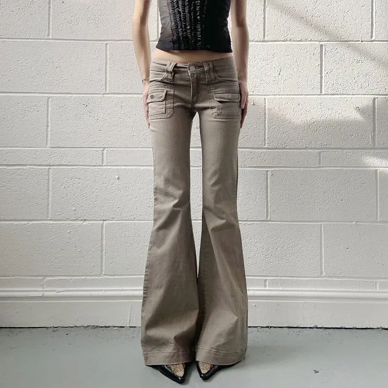 Quần Ống Loe Micro Denim, Phong Cách Bảo Hộ Lao Động Cổ Điển Mỹ, Cạp Thấp, Đã Giặt Và Đeo, Quần Cô Gái Nóng Bỏng, Có Túi