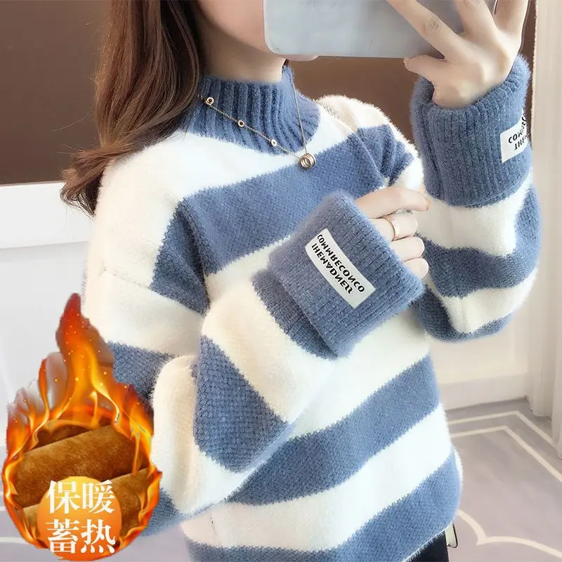 Áo Len Lông Chồn Bắt Chước, Có Lót Lông Cừu Và Không Có Lót Lông Cừu, Cao Cao Cổ, Cực Dày Và Ấm, Áo Áo Chui Đầu, Dành Cho Nữ Sinh, Dáng Rộng Vừa Vặn, Với Áo Lớp Nền Sọc