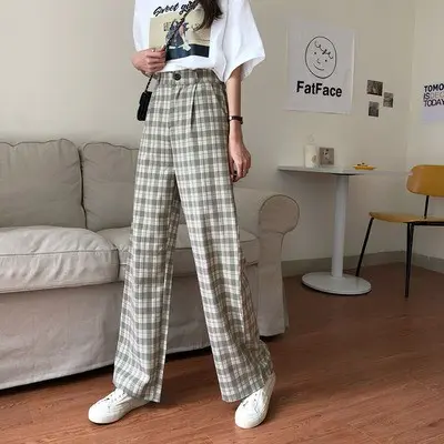 Celana Tartan Wanita Panjang Kulot Kotak-Kotak Casual Kancing Depan 1099 1