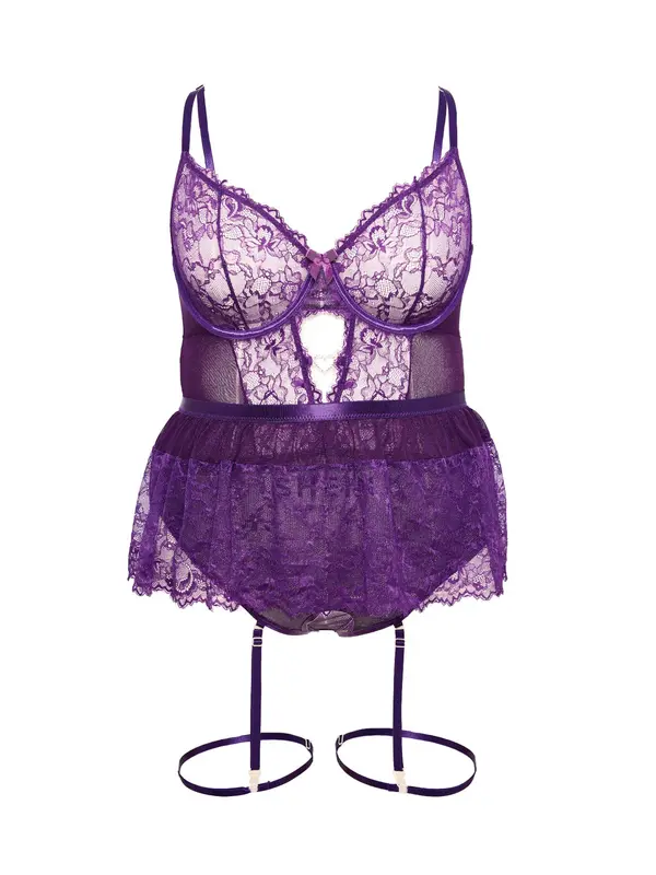 【Plus Size】 Sheer Floral Lace Cami Teddy Bodysuit with Tight Ring, Adjustable Strap Push Up Lingerie, Women's Sexy Lingerie & Underwear for All Seasons 0