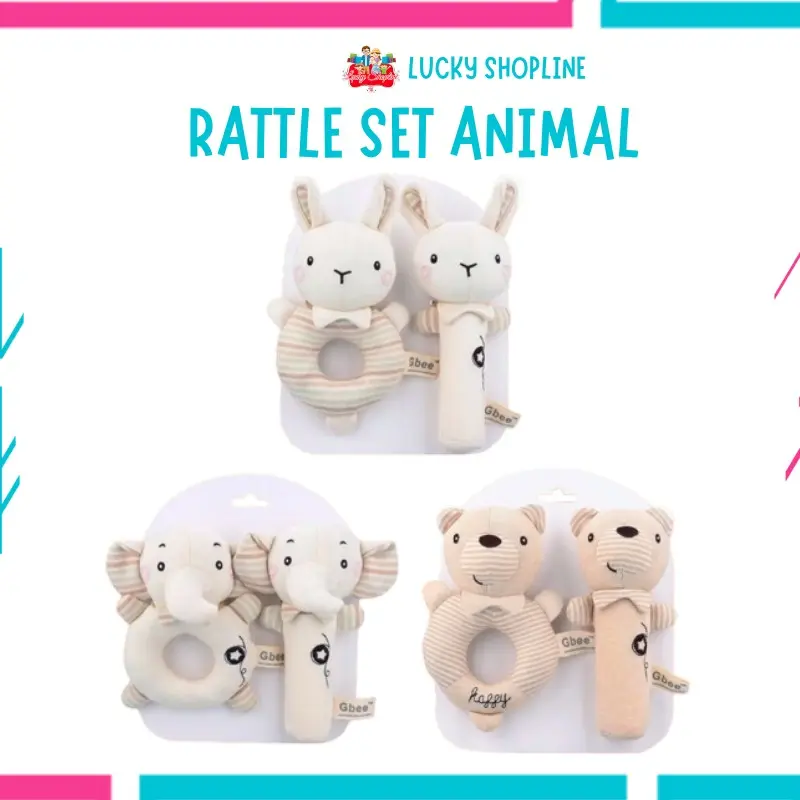 [BIG SALE] Mainan Bayi Organic Cotton Rattle Set (2pcs) ANIMAL RATTLE SET Boneka Stick Donat Kerincingan Plush Toys Play 0