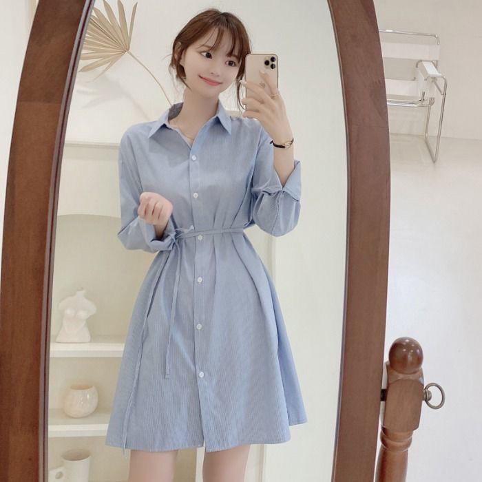 Product Introduction of Váy Sơ Mi Phong Cách Hàn Quốc, Thanh Lịch, Dành Cho Nữ, Hàng Mới Về Mùa Thu, Bó Sát Eo, Thiết Kế Độc Đáo, Có Dây Buộc, Thiết Kế Sọc, 2024 5