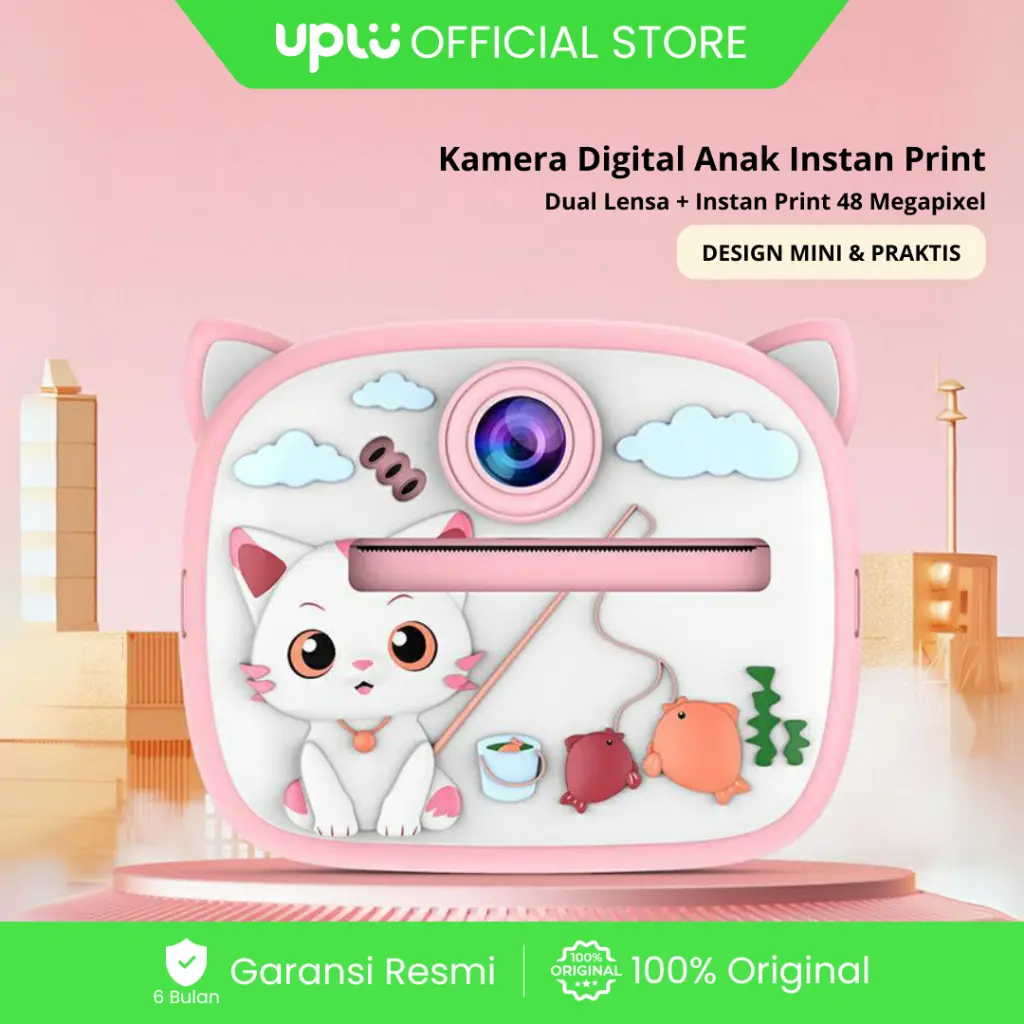 UPLU Digicam Digital Camera 48 Mp Dual Lensa Kamera Anak Mini Langsung Print 2.4 Inch Foto Video Biru Resolusi Tinggi Baterai Tahan Lama Filter Stiker Lucu