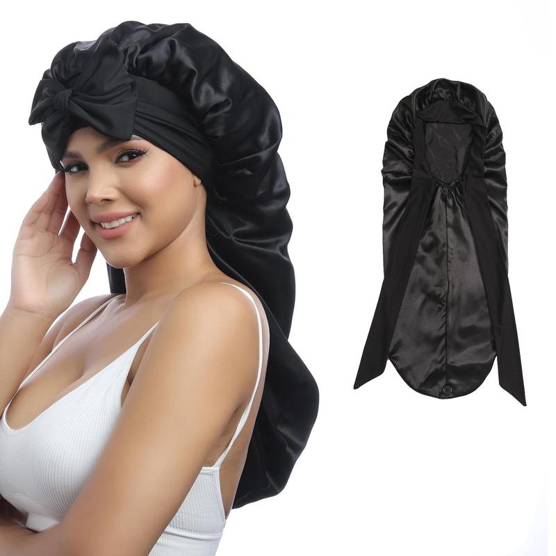 New Women Long Oversized Elastic Satin Bonnet Sleeping Cap with Ribbon Breathable Sleeping Cap Turban Sleep Headwear Bandanas 4
