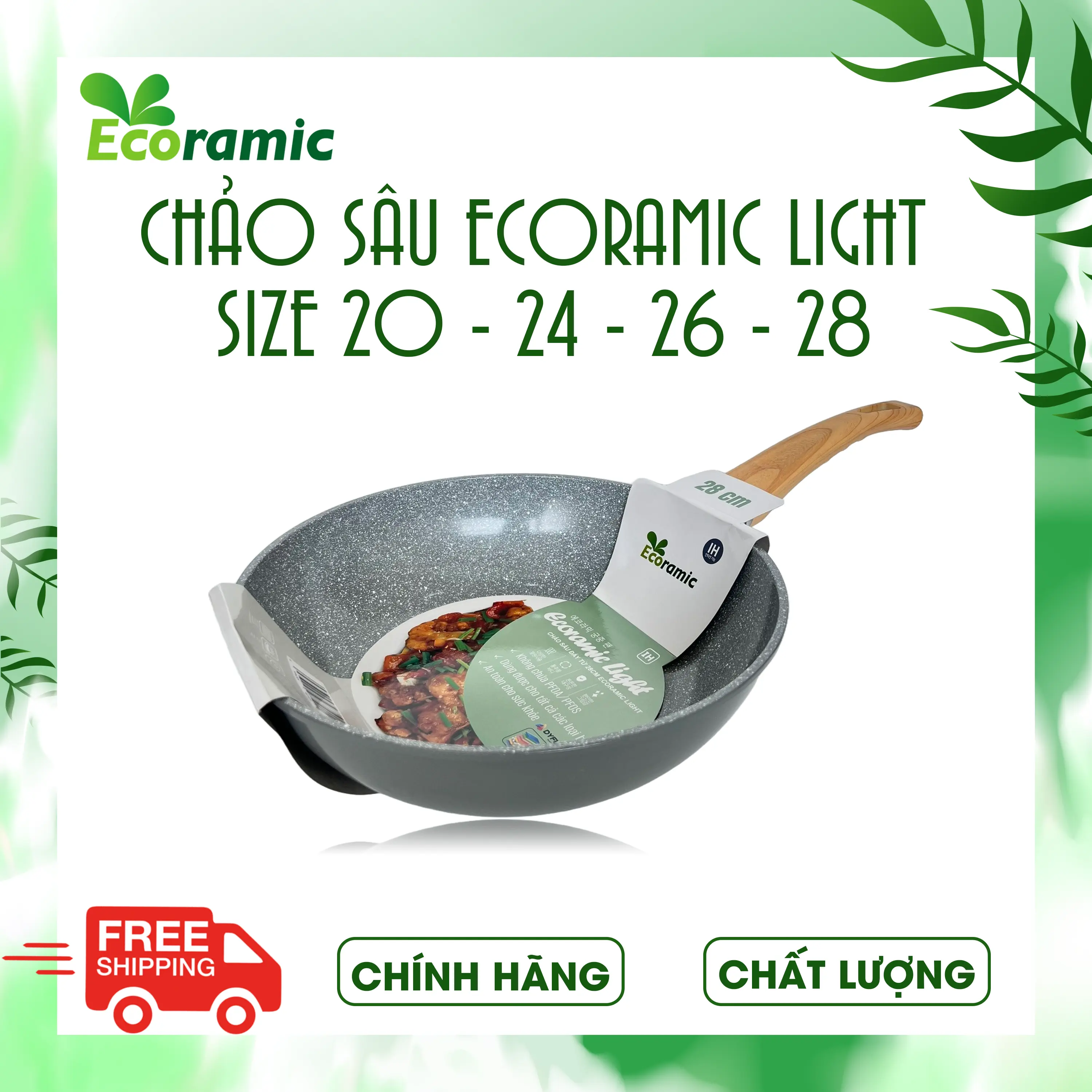 Chảo Sâu Vân Đá Đáy Từ Ecoramic Light - Size 20/24/26/28 - Chống Dính Cao Cấp
