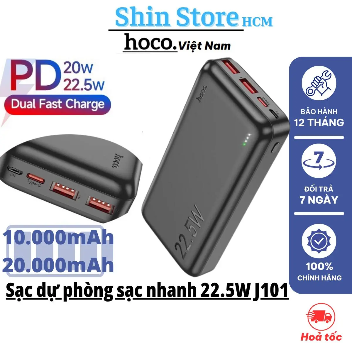 Sạc dự phòng sạc nhanh 22.5W, siêu bền Hoco PD20W/22.5W/QC3.0 J101: 10.000mAh, J101A: 20.000mAh FAST CHARGE - Shin Store