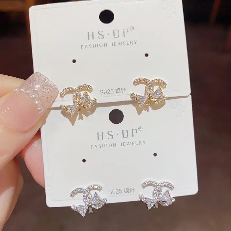 Refined and Simple Classic Style Zircon Double C Bow Stud Earrings Women's Sterling Silver Needle Fashion High-Grade Temperament Earrings