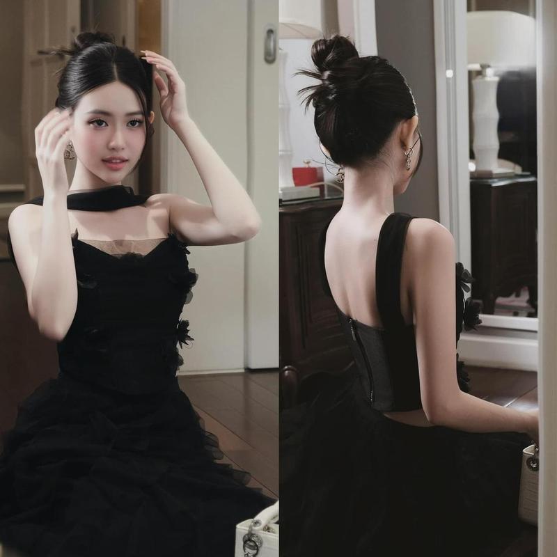 Sét áo tafta chocker kèm CV xoè tầng dài S120 shop 15. Nữ Kem