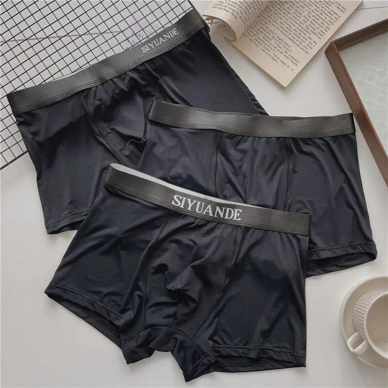[3996 People Collection] 3 Black Men's Underwear Ice Silk Summer Thin Breathable Boxers plus Size Seamless Antibacterial Boys Boxers