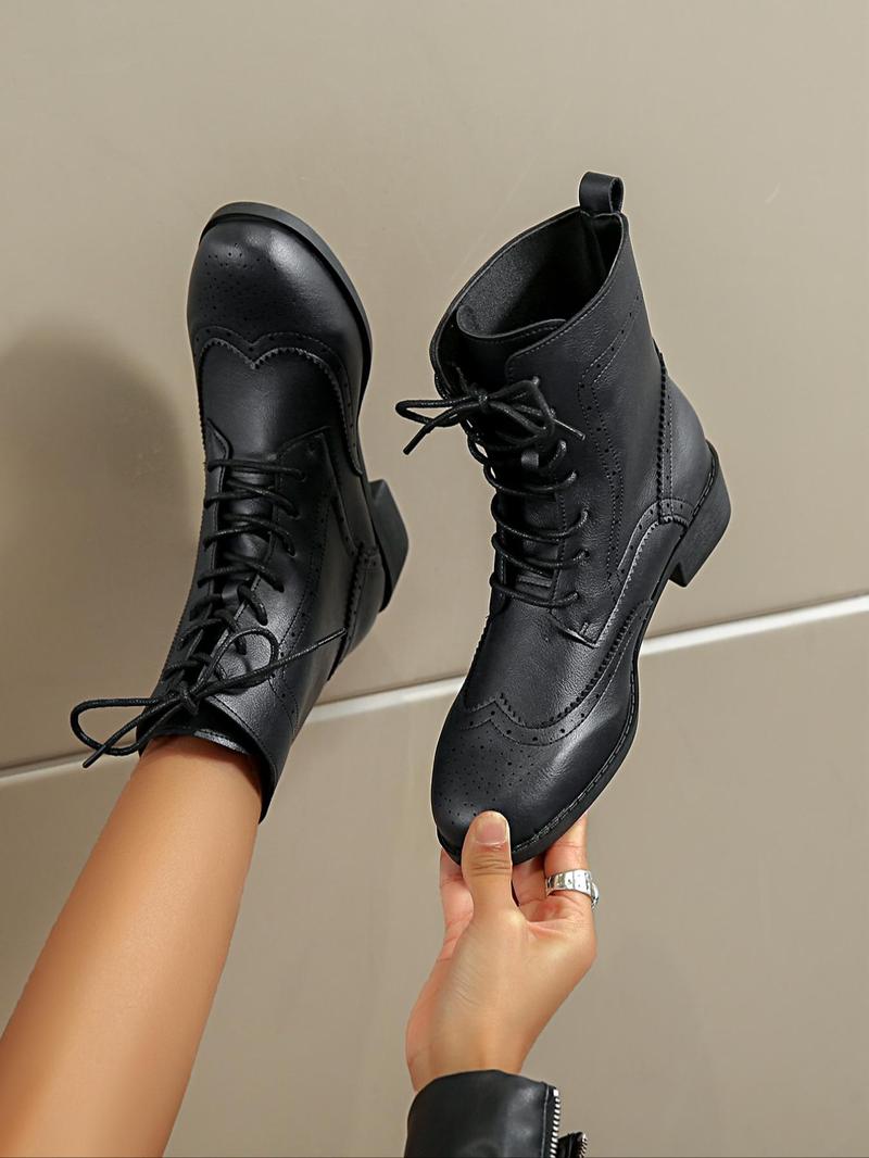 Product Introduction of Women's Fashionable Retro Style Patched Design Boots, Vintage Comfortable Lace Up Mid-Calf Boots for Daily Wear, Perfect for Students and Outdoor 9