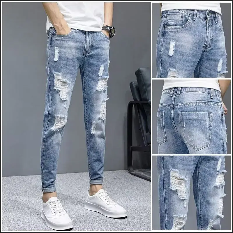 Autumn New Ripped Jeans Men's Slim Fit Tapered Pants Casual Pants Fashion Brand New Men's Ankle Length Pants