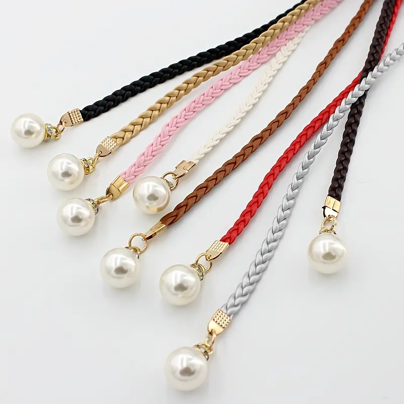 [1pc Elegant Braided Belt] 1pc Elegant Women's Braided Waist Rope Belt with Classic Pearl Pendant | Vintage Sweet Style, Non-Washable, Perfect for Dresses, Wedding Belt, Available in Black, Pink, Red, Brown 4