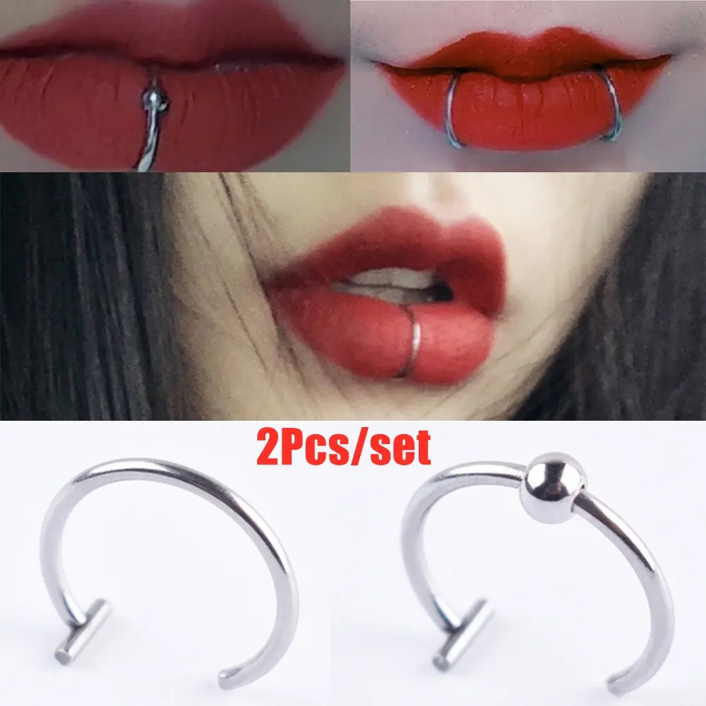 2Pcs Punk Style Lips Rings Medical Stainless Steel Nose Ring Septum Piercing Clip on Mouth Ring Fake Piercing