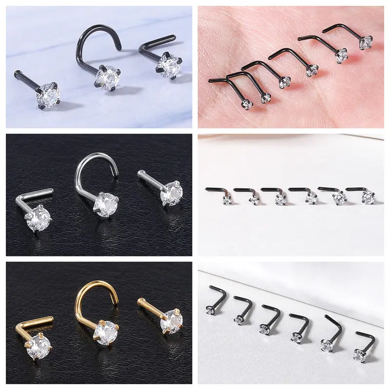 1 PC 18G/20G Stainless Steel Nostril Piercing 1.5/2/2.5/3mm Crystal Nose Piercings L Shape Nose Stud Cubic Zircon Nose Stud 2