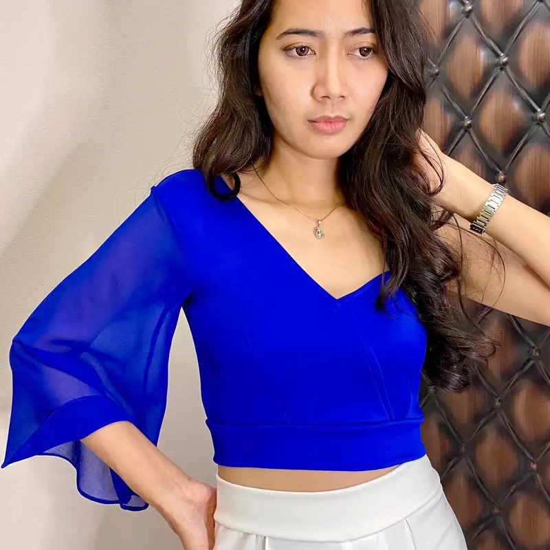 Daisy Atasan One Shoulder Scuba Crop Top One Shoulder Scuba Chiffon Lengan Terompet Baju Wanita 3