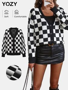 YOZY Women's Plaid Pattern Button Front Cardigan, Casual Drop Shoulder Long Sleeve V Neck Cardigan, Ladies Knitwear for Fall & Winter Daily Wear