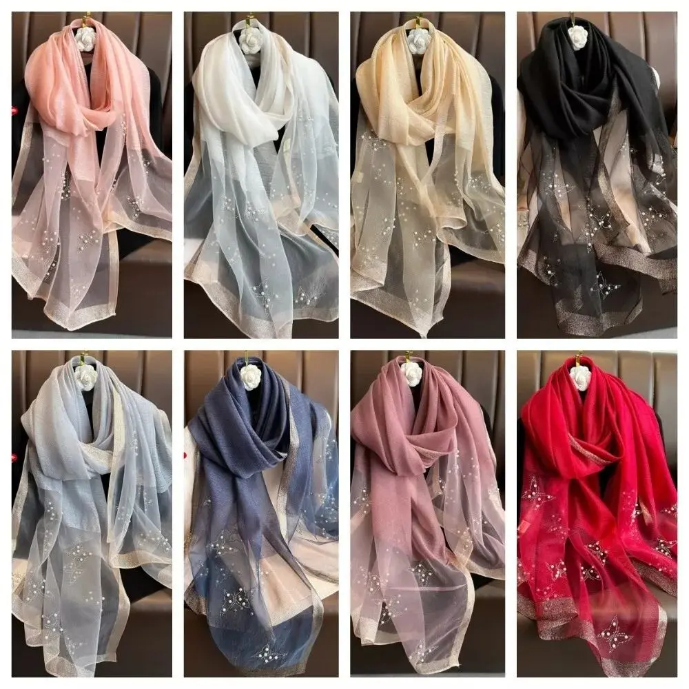 Fashion Elegant Organza Silk Scarf with Beads Solid Color 190*70cm Long Scarves Embroidery Flowers Wrap Headscarf For Women Hijab