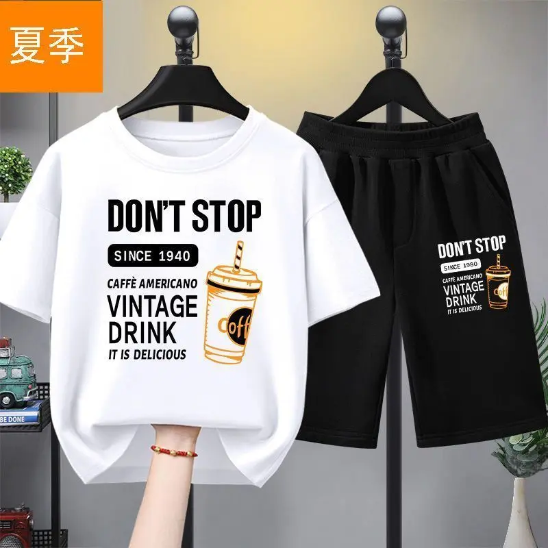 Boys Summer Short Sleeve Set 2025 New Loose Children's Clothes Printed Trendy Clothes Shorts Two-piece Sports