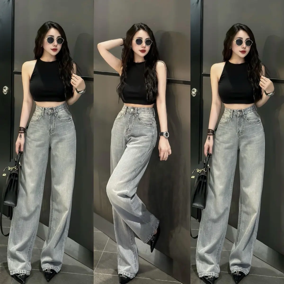 (S-2Xl) HHCHOU- Quần Jeans Suông Trơn Màu Bạc Mới Chất Jeans Vải Qc mềm H3456 Women Pants