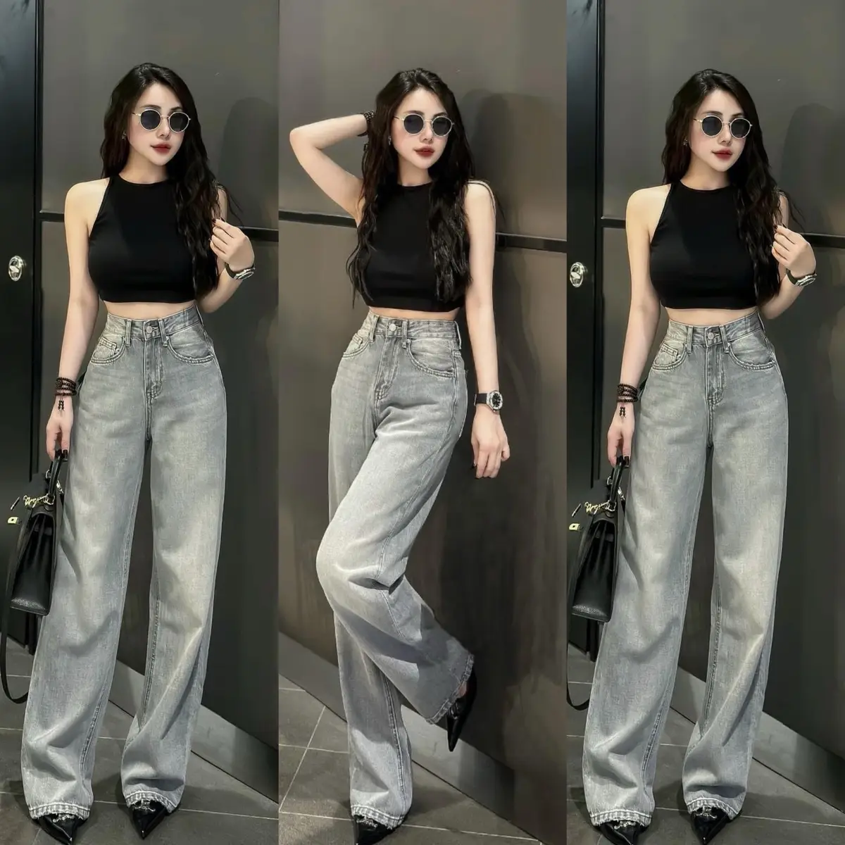 (S-2Xl) HHCHOU- Quần Jeans Suông Trơn Màu Bạc Mới Chất Jeans Vải Qc  mềm  H3456