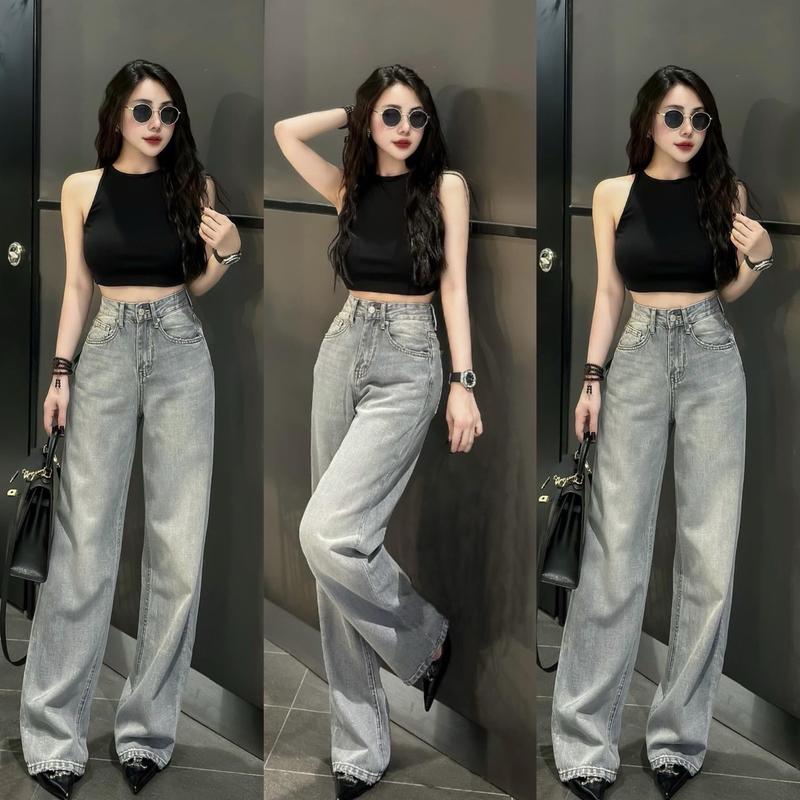 S-2Xl HHCHOU- Quần Jeans Suông Trơn Màu Bạc Mới Chất Jeans Vải Qc mềm H3456 Women Pants