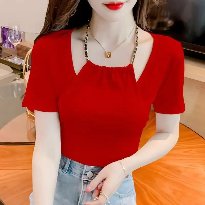 Áo Thun Nữ Cổ Yếm ngắn Tay Thiết Kế Mới Mùa Hè, 2022, Hai Mảnh Giả, Sang Trọng Độc Đáo, Độc Đáo, Chống Lão Hóa, Hàng Đầu