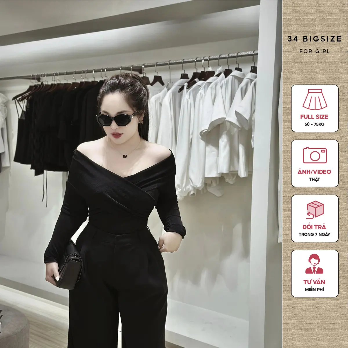 Áo thun chéo ngực 34AT013 34 BIGSIZE, Áo thun bigsize dài tay trễ vai quyến rũ chất vải mềm mát co giãn thoải mái cho nữ bigsize